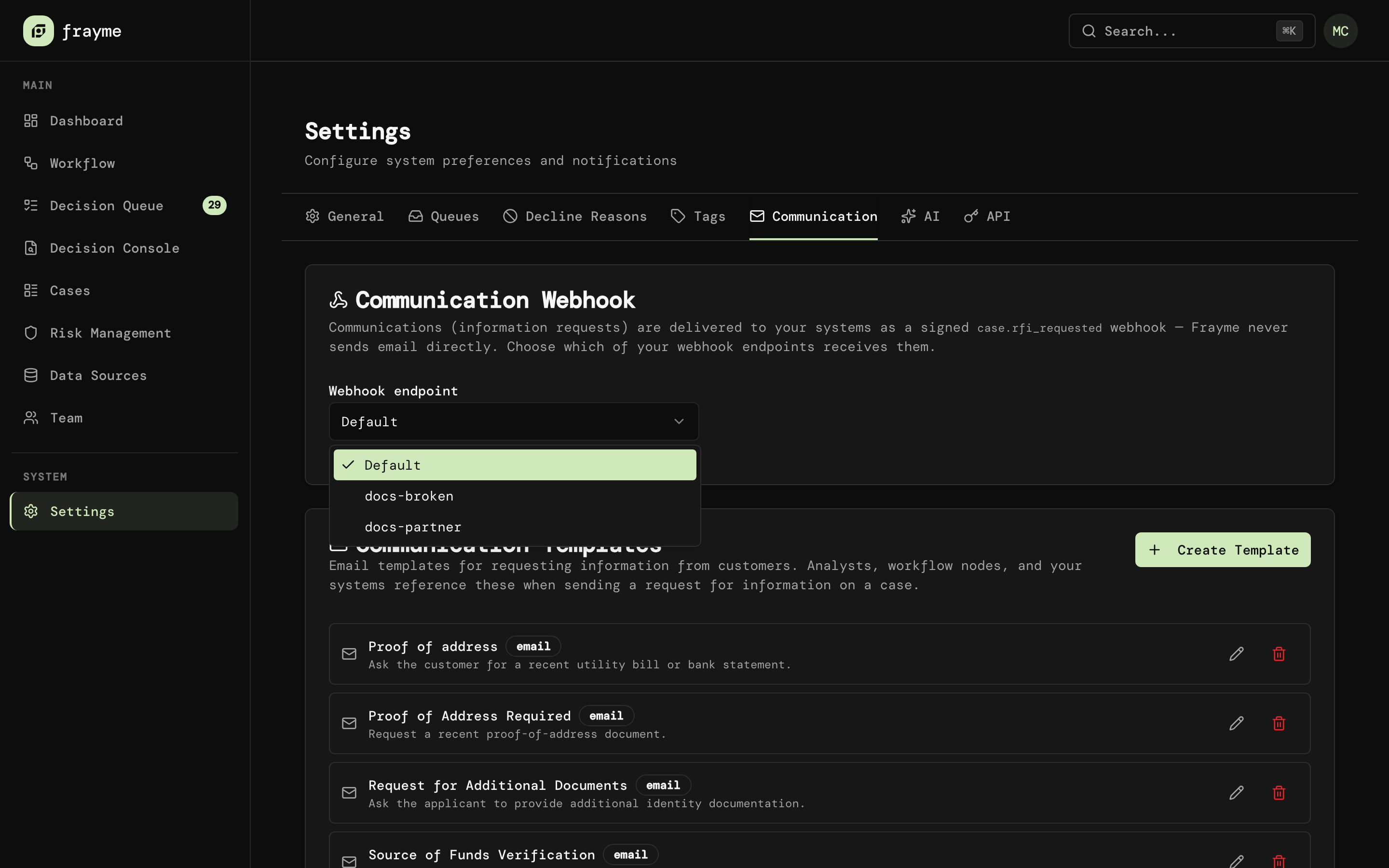 Communication Webhook card with the webhook endpoint list open