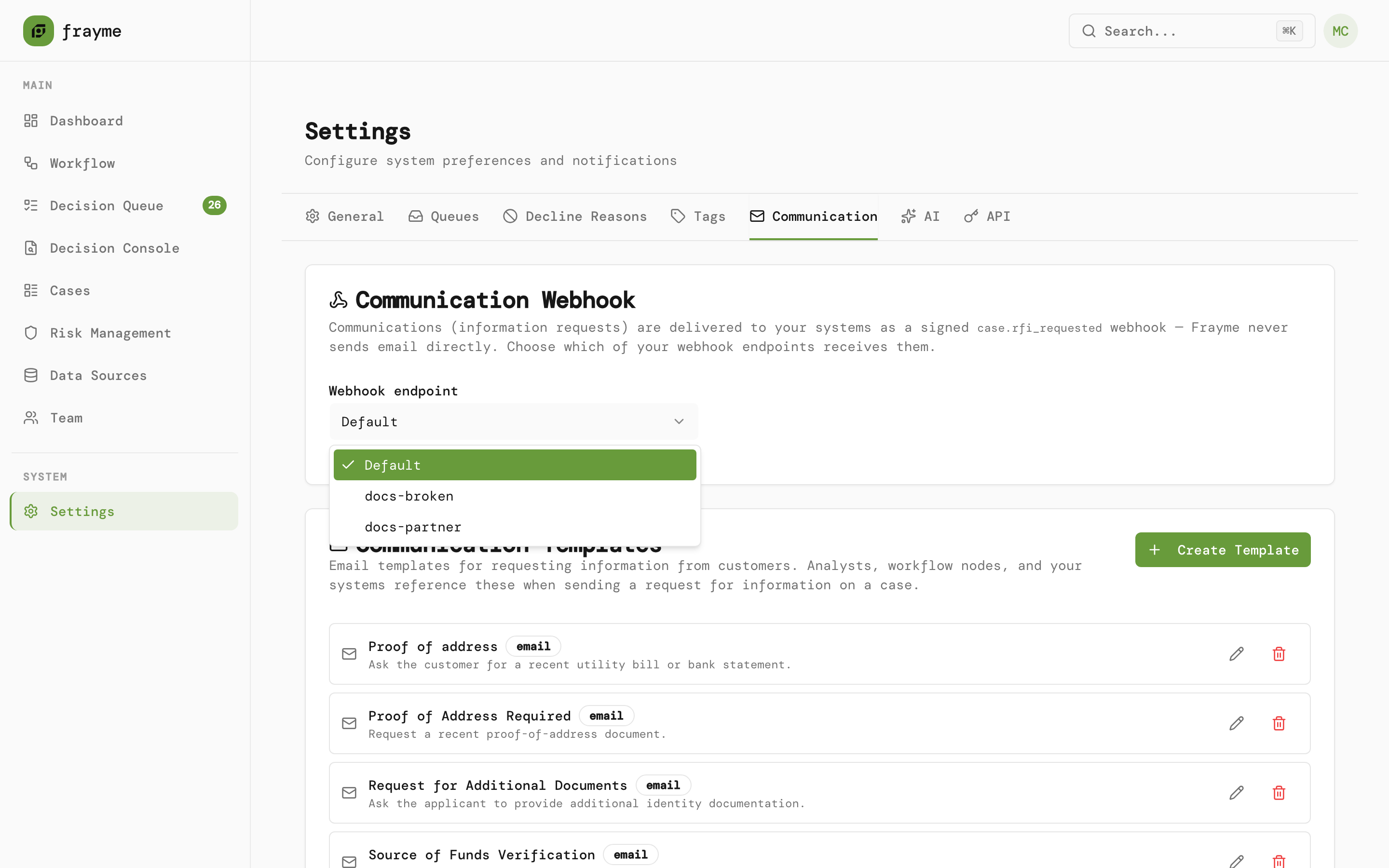 Communication Webhook card with the webhook endpoint list open
