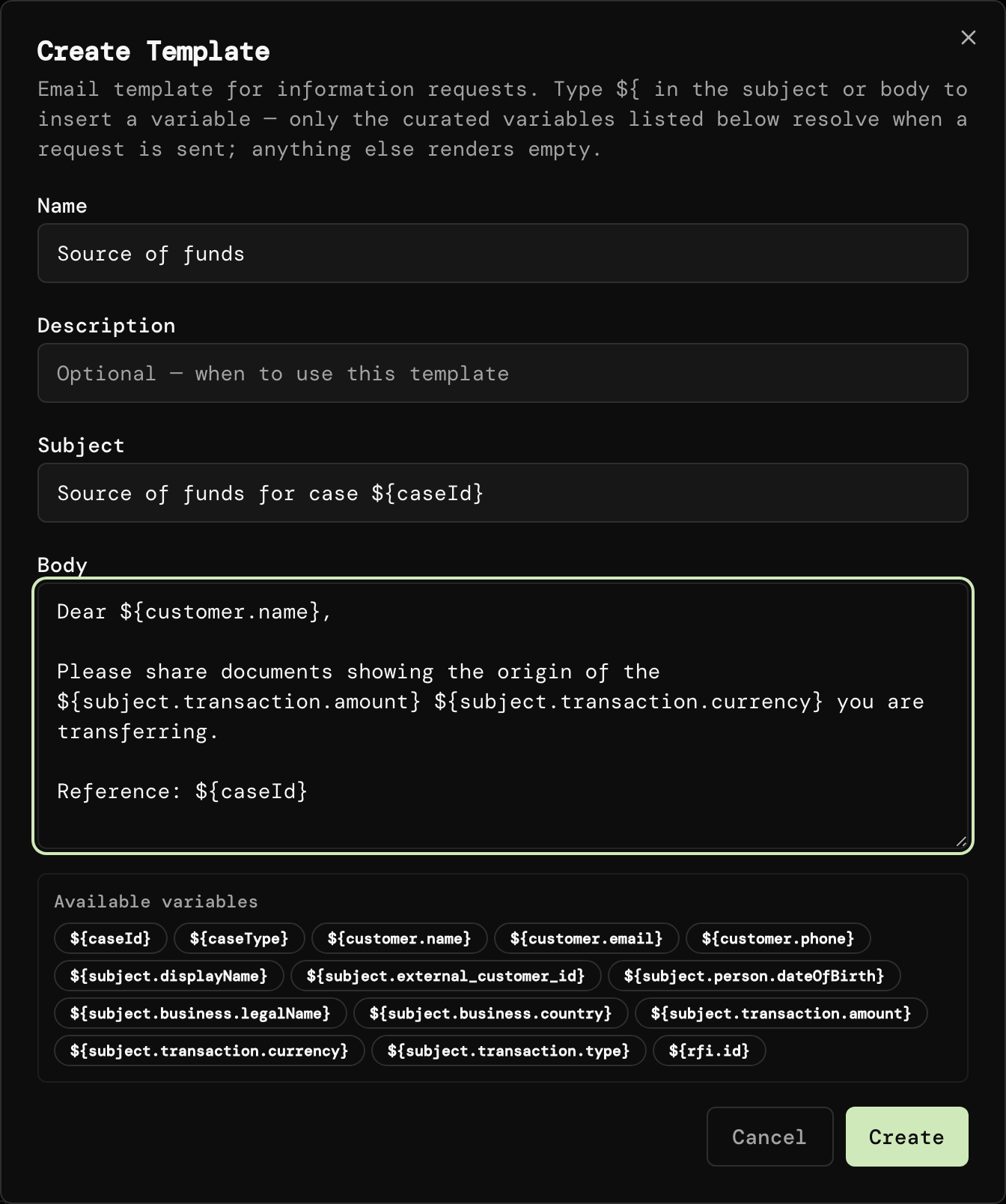 Create Template dialog with a subject and body that use case variables