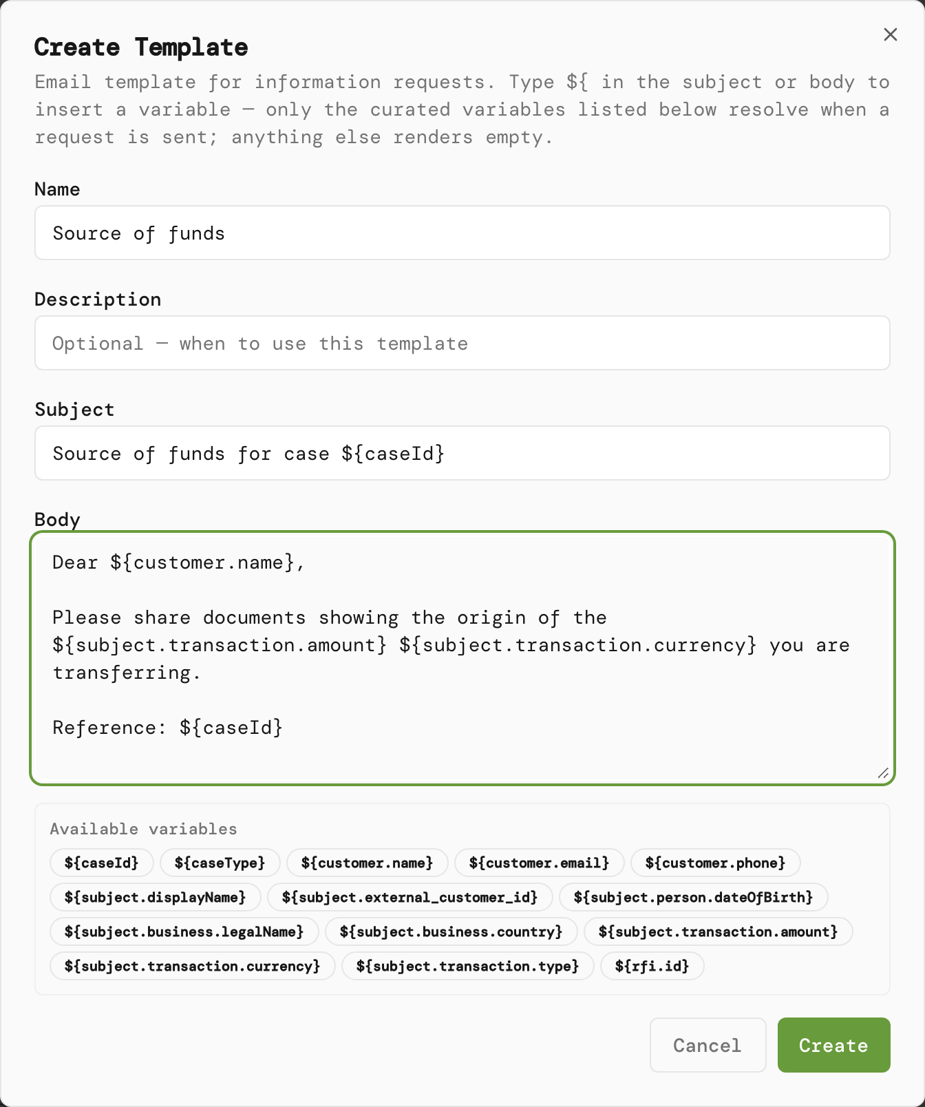 Create Template dialog with a subject and body that use case variables