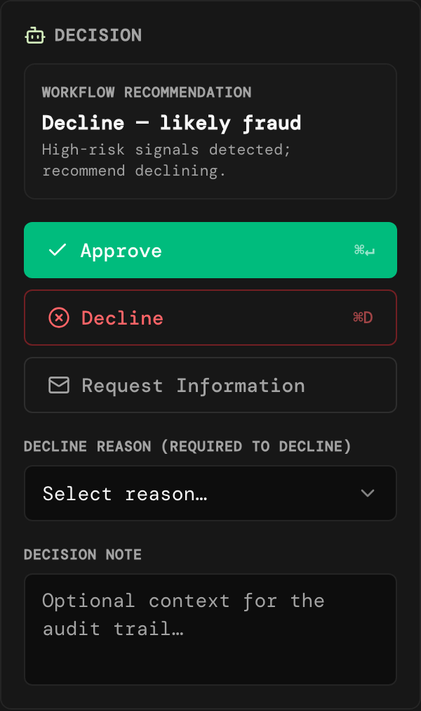 Decision card with Approve, Decline and Request Information