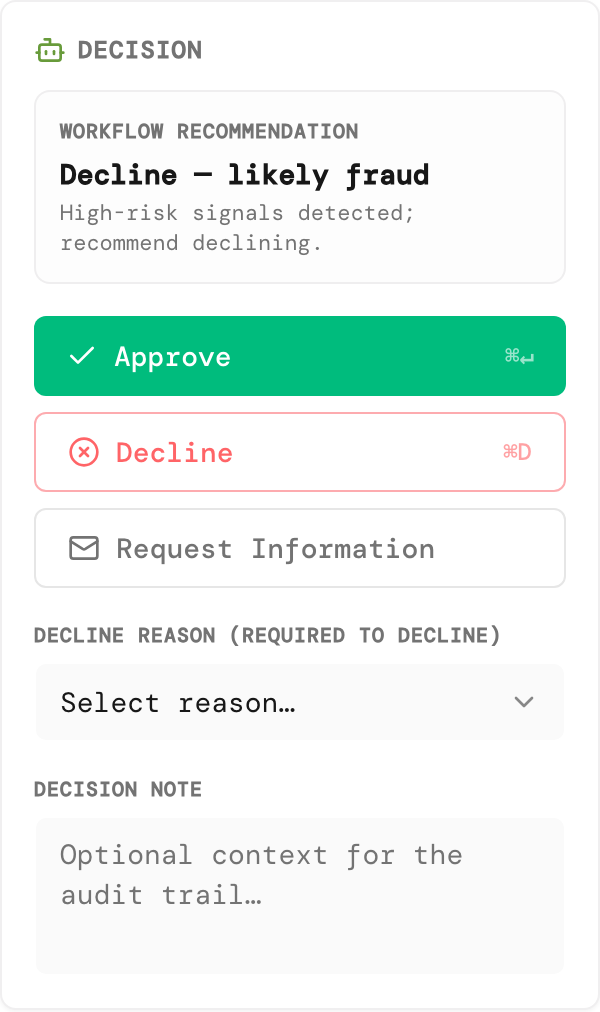 Decision card with Approve, Decline and Request Information