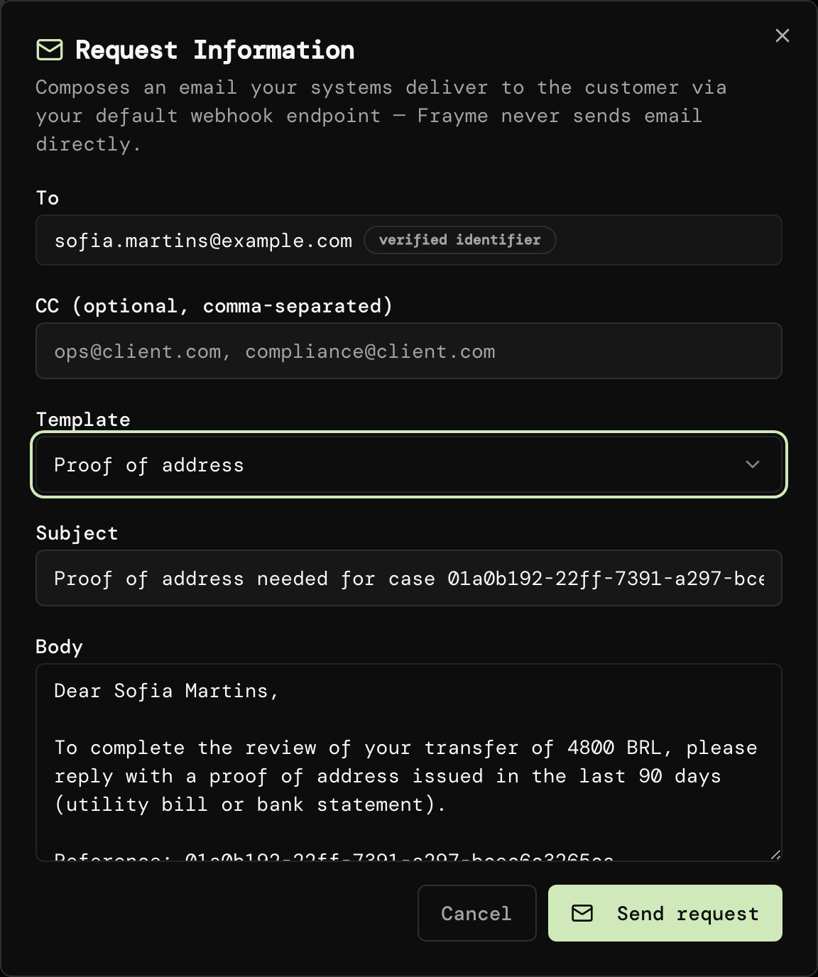 Request Information dialog with a template applied