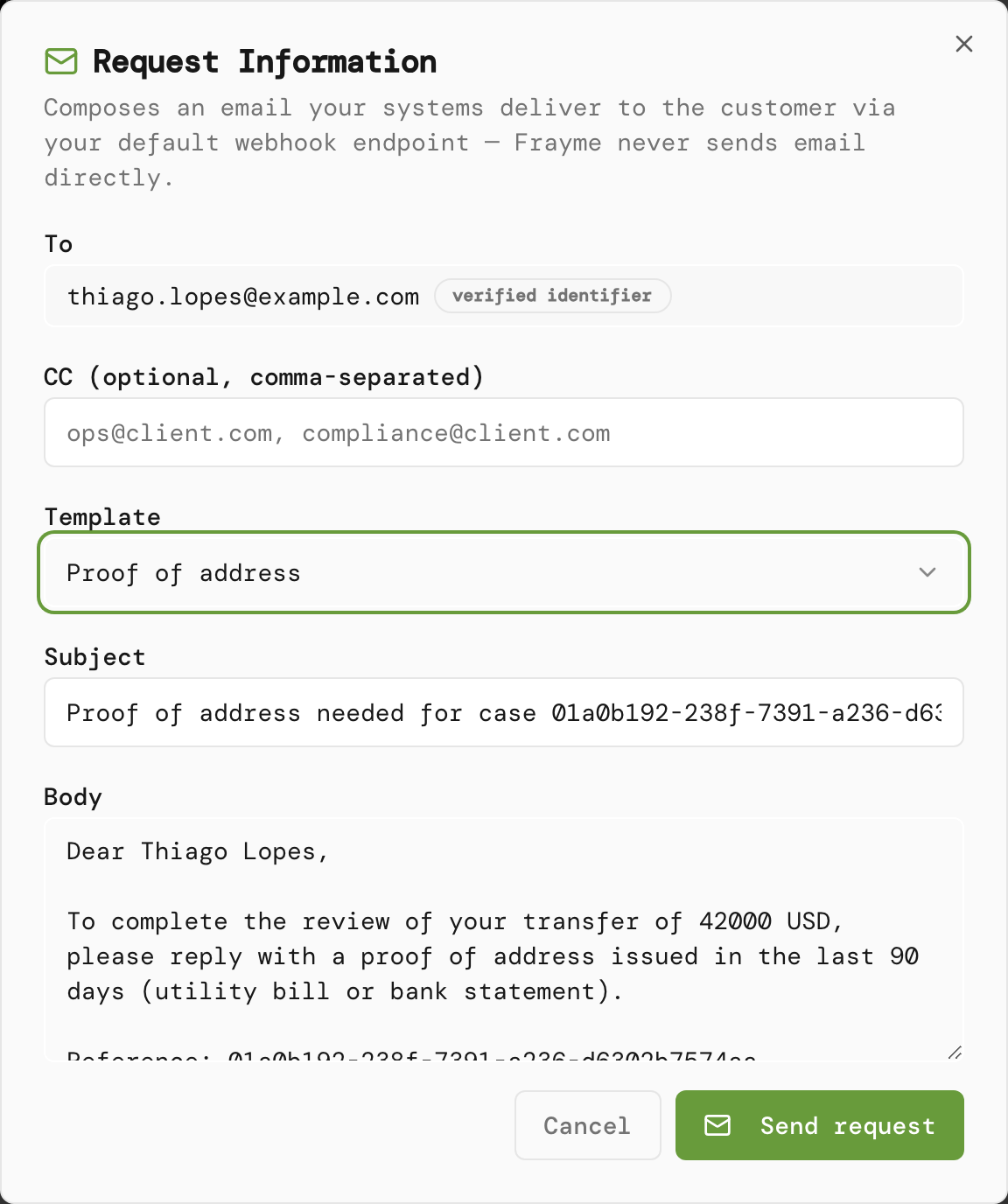 Request Information dialog with a template applied