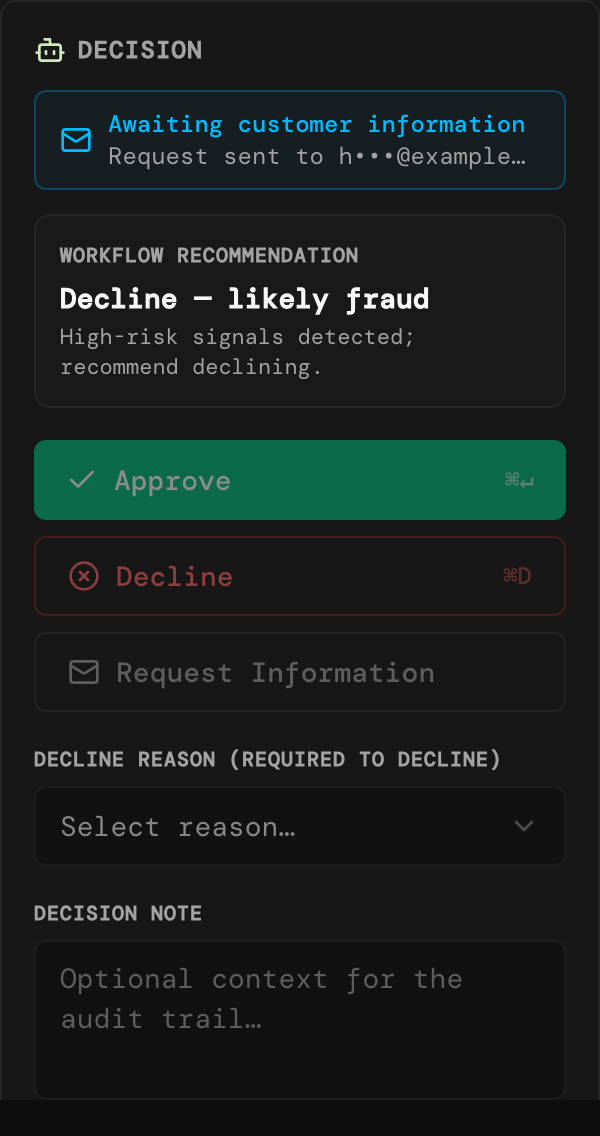 Decision card showing Awaiting customer information