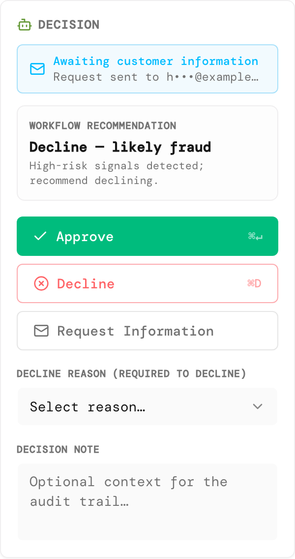 Decision card showing Awaiting customer information