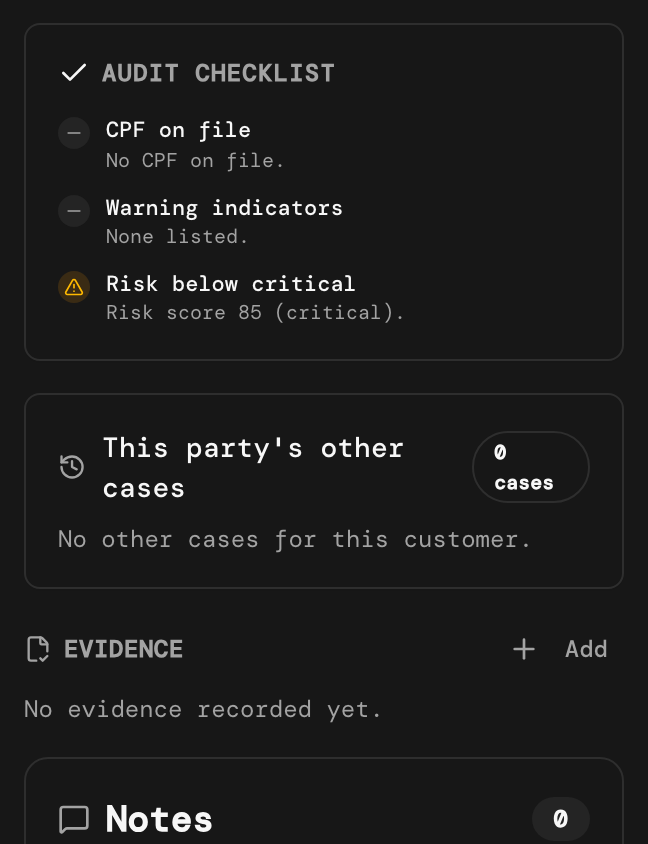Decision column with the Audit checklist, the party's other cases, an empty Evidence section and Notes