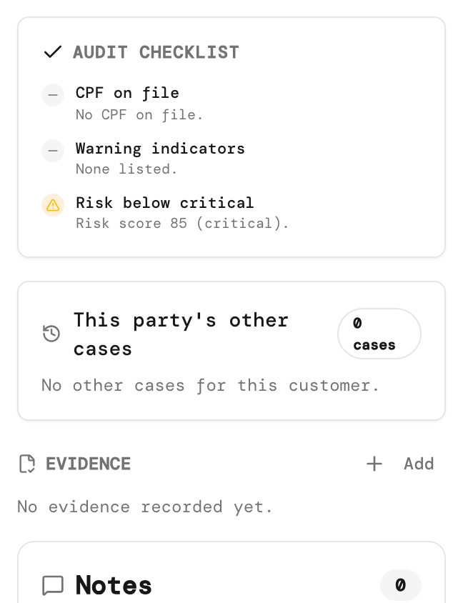 Decision column with the Audit checklist, the party's other cases, an empty Evidence section and Notes