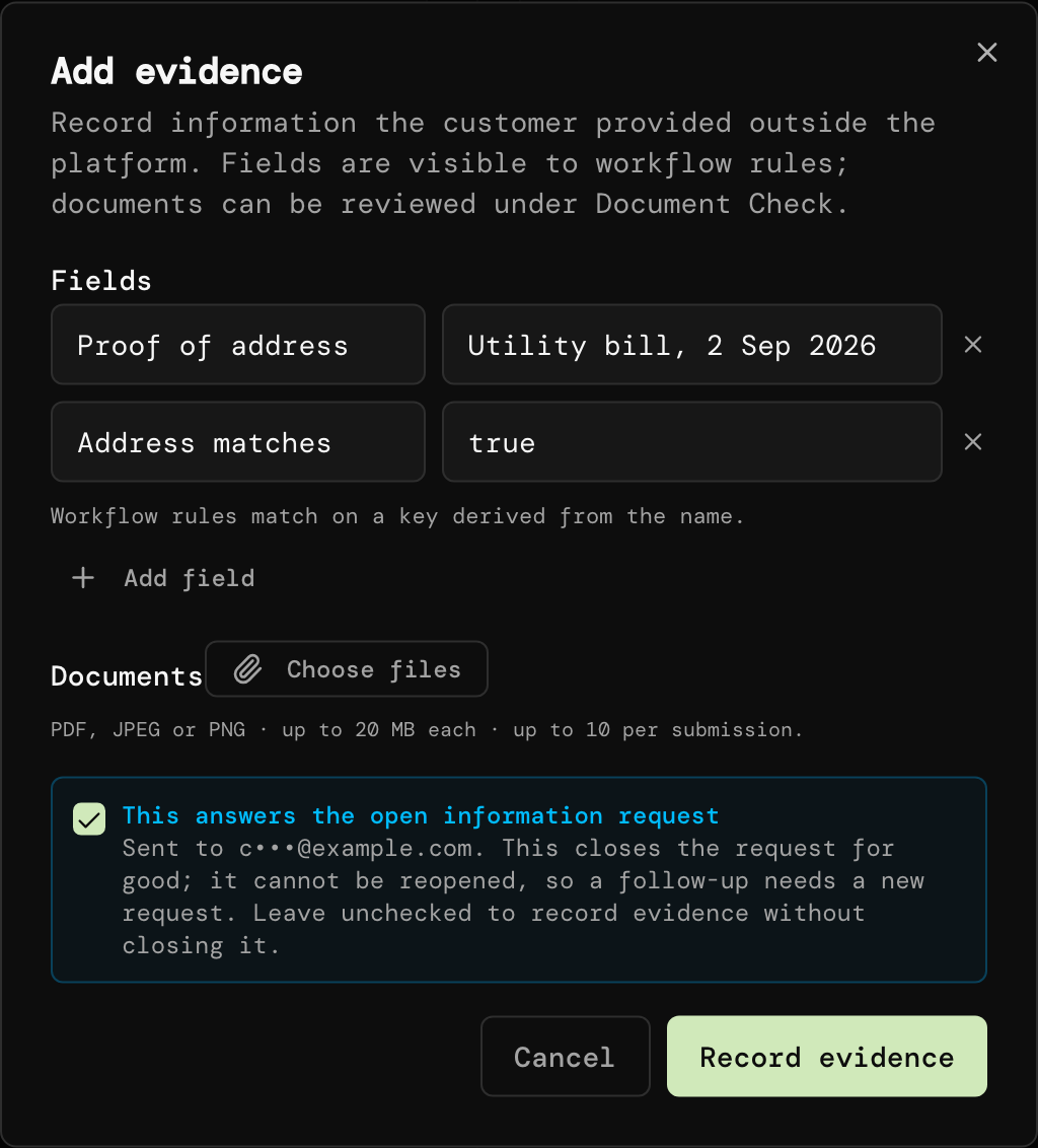 Add evidence dialog with two fields and the answers-the-open-request box ticked