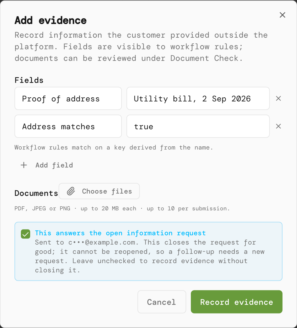Add evidence dialog with two fields and the answers-the-open-request box ticked