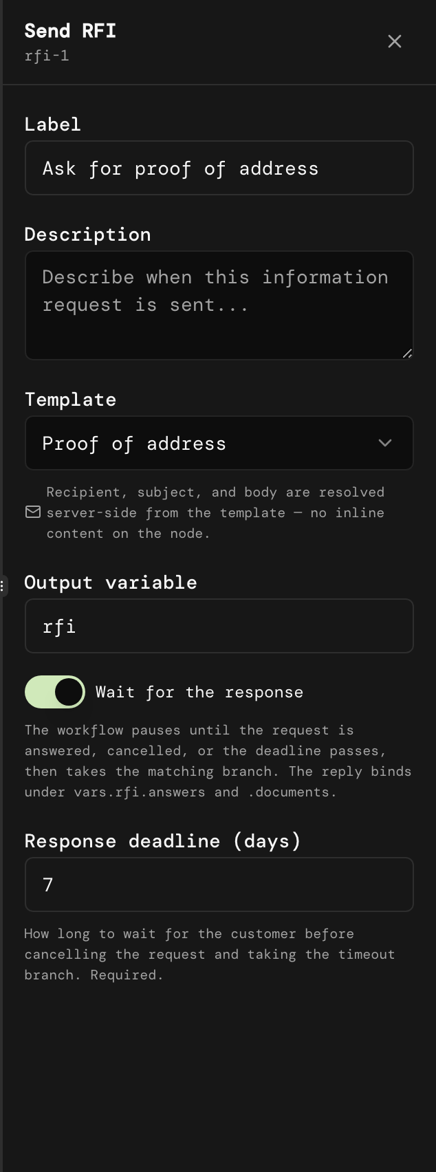 Send RFI node panel with Wait for the response on and a seven-day deadline